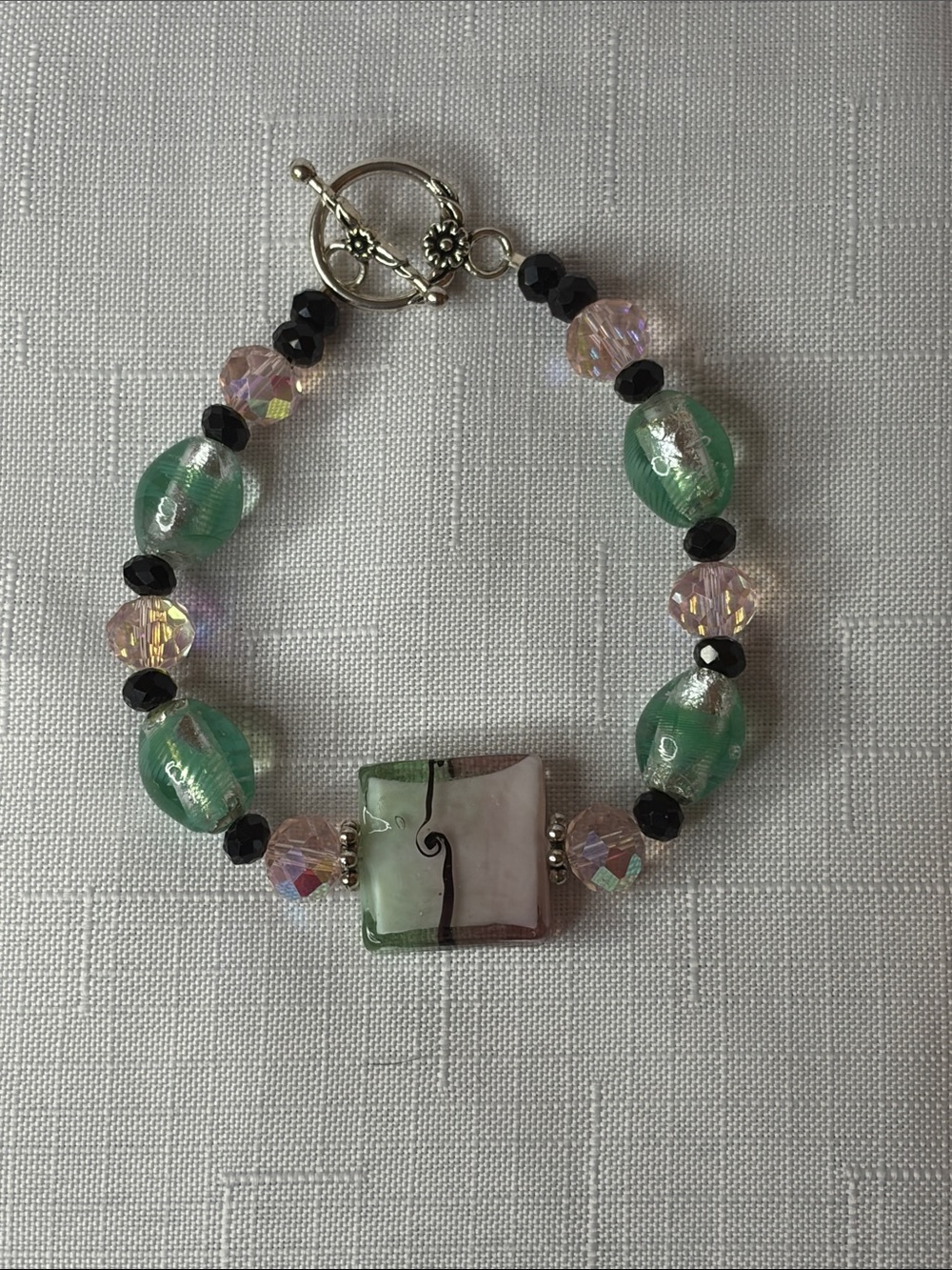 Handcrafted Green/Pink Glass Bracelet